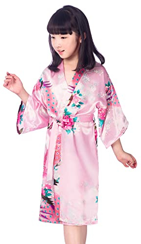 PythJooh Girls Kimono Dressing Gowns, 1-13Years Kids Peacock and Blossoms Satin Silky Kimono Bathrobes Dress for Spa Wedding Party