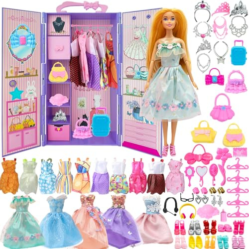 Yutoy 122 Pcs Armoire Poupee Jouets Set avec Poupées 11,5 Pouces, Vetement et Accessoire, Inclut Dressing Robe Princesse Sacs Chaussures, Jeux Déguisement pour Filles, Enfants, Tout-Petits (Violet)