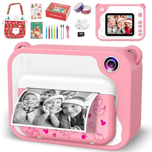 Ushining omedelbar kamera för barn, barnkamera 10 x zoom digitalkamera barn 2,4 tums skärm 1080P videokamera med 32 GB TF-kort 3 rullar tryckpapper 5 färgpennor, presentversion (rosa)