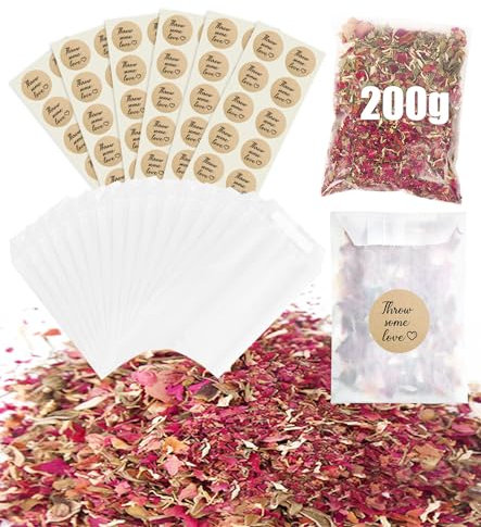 60 Sets Hochzeit Konfetti Taschen,Blütenkonfetti Hochzeitskonfetti,Natürliches Getrocknetes Blüten Rose Blumen Konfetti Getrocknete Rosenblätter Pergamin Papierbeutel Aufkleber für Verlobung Jubiläum