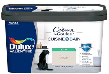 Dulux Valentine Peinture Intérieure Crème de Couleur Cuisine et Salle de Bain - Pièces Humides Murs et Boiseries - Résistant aux taches et à l'humidité - Satin Lin Clair 2 L