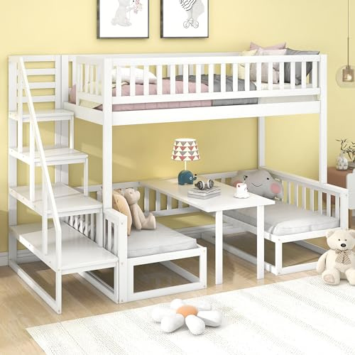 Dolamaní Cama alta multifunción 90x200 cm con mesa ajustable y banco de madera, litera con escalera, marco de madera de pino robusto, blanco (90x200cm y 120x200cm, cama convertible)