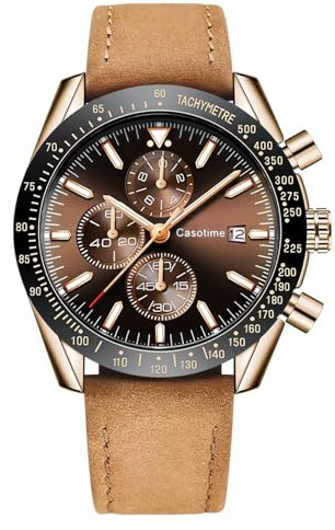Casotime Orologio Cronografo Uomo in Pelle - Impermeabile 30M, Quarzo Analogico con Data, Quadrante Grande - Classico ed Elegante per Tutti i Giorni, Lavoro & Sport - Regalo Elegante per Uomini