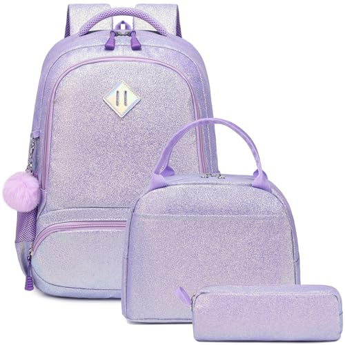 Kimwadalh Cartable Fille Paillettes Sac à Dos Primaire Cartable Enfant pour Scolaire Primaire Fille Sets de Sacs Scolaires CE1 CE2 + Isotherme Panier Repas + Trousse