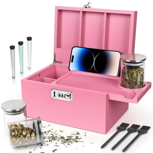 TISEMENT Large Pink Bamboo Box with Combination Lock, Decorative Storage Box with Detachable Compartment, Wooden Box with Alright Jars & Brushes & Storage Tubes as Great Gift Choice.