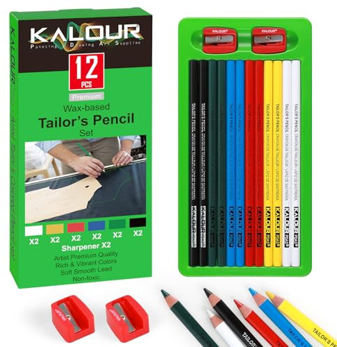 KALOUR PDAS 12er Schneiderkreide-Set, Stoffstifte und Stoffmarkierungsstifte für Quilten, Nähen, Schneiderei, wasserlöslich, 6 Farben, inklusive 2 Anspitzer