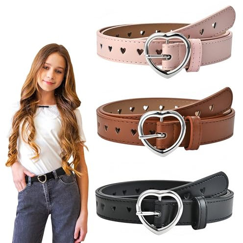 ZYBLSSBB 3 Stück Kindergürtel Mädchen, PU Verstellbare Herz Schnalle Taillengürtel, Herz Schnalle Leder Mädchen Gürtel, Kindergürtel für 6-12 Jahre Mädchen Hosen Röcke Jacken（Rosa, Kamel, Schwarz）