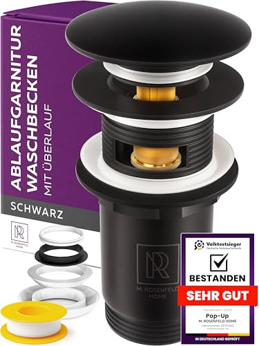 M. ROSENFELD HOME Handfat avloppssats svart med bräddavlopp 1 1/4 tum – push up pop-up avloppsventil för tvättställ, handfat och avloppssats