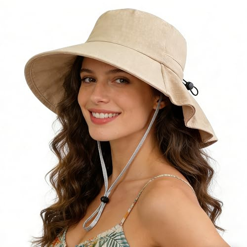 ehsbuy Chapeau Soleil Femme Coton Bobs Femme Ete Large Bord Pliable Lady Bucket Hat avec Cou et Mentonnier Réglable pour L'extérieur Plage Jardinage et Safari
