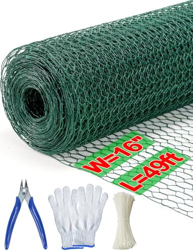 TOYPOPOR Chicken Wire,40cm x 15m Mesh Roll for Floral Arrangements, Green Anti-Rust PVC Coated Garden Netting, Rabbit Animal Fence with Drawstring