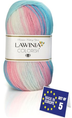 LAWINIA COLORISH Lyxigt regnbågsgarn DK, regnbågsull för stickning, förpackning med 5 vardera 100 g - 350 m 100 % akryl DK stickgarn, flerfärgad ull, ombre