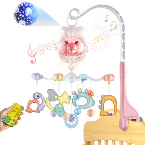KalaDuck Carrusel Cuna Bebe Luz y Musica, Móvil Cuna Bebe Giratorio con Proyección, Temporizador y Sonajero Juguetes, Movil para Cuna Niños Niñas 0-12 Meses (Rosa)