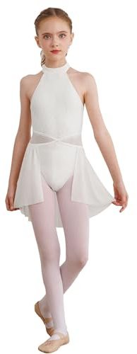 Linyuir Costume Ballo Lirico Bambine con Pizzo Senza Maniche Abito Balletto Balli Sala Moderno E Contemporaneo Avorio 9-10 Anni