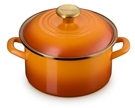 Le Creuset Enamel on Steel Traditional Petite Stockpot, 3.8 qt., Persimmon with Gold Accents