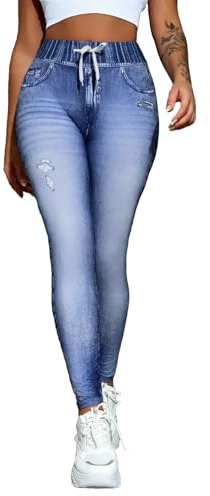 Gellmall Leggings de aspecto vaquero para mujer, cintura alta, elásticos, pantalones largos y ajustados, pantalones de yoga, pantalones de fitness, S-2XL, Azul A., XXL
