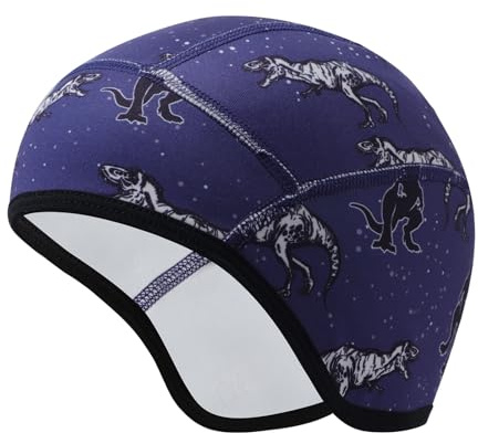 Risipu Children's Helmet Hat Warm Winter Hat Lining for Bicycle Helmet Ski Skull Cap with Ear Protection Elastic Hat for Boys Girls (UK, Alpha, One Size, Blue-Dinosaur)