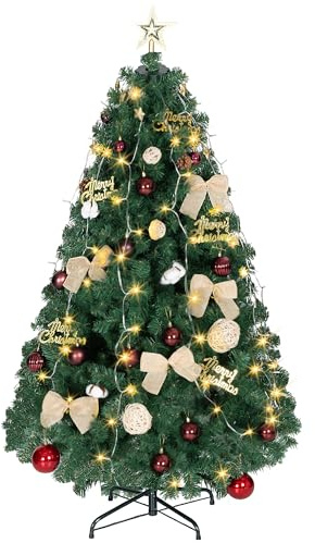 HOMCOM Árbol de Navidad Ø90x150 cm con Adornos y Estrella, 150 Luces LED, Árbol de Navidad Decorado con 8 Modos de Iluminación, 480 Ramas, Soporte de Acero, Decoración para Hogar, Fiesta, Interior