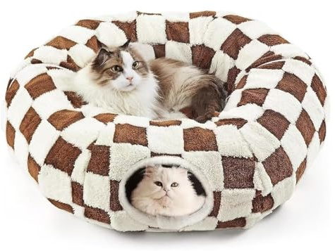 Cat Tunnel Bed with Cushion - Washable Cat Tube Tunnel Toy for Indoor Cats, Kittens, Rabbits & Small Pets - Durable, Convertible, Fun Play Hideout Tunnel with Hanging Ball Toys
