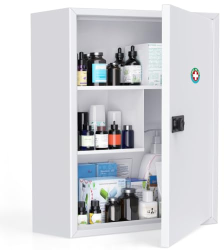 Uniclife Wall Mount Medicine Cabinet with Combination Lock, Locking First Aid Cabinet, Lockable Medical Cabinet, Large Capacity Medicine Organizer, Secure Steel Wall Cabinet Metal Storage Box, White