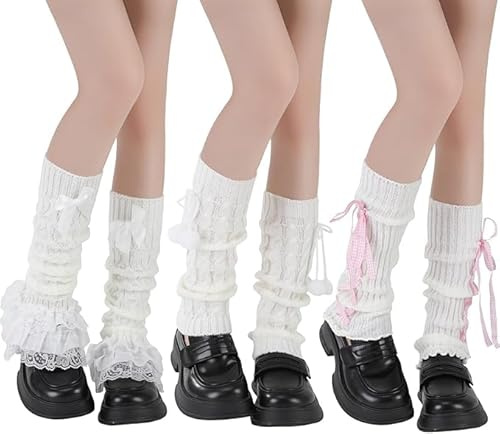 Auroriel 3 Piezas Bonitas Medias Hasta La Rodilla Para Niñas Estilo Y2k Lolita Ballet Striped Lazo Cálidos Y Acogedores Calentadores De Pierna Accesorios De Moda Hasta La