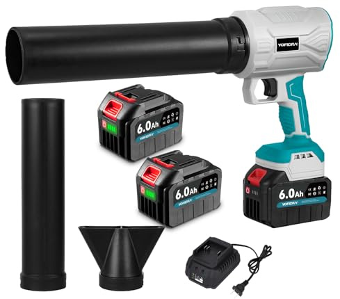 Yofidra Soplador de Hojas a Batería, Sopladora Manual Inalámbrica con 2 x Baterías de & 1 x Cargador, 29000RPM, 65m/s, con 2 Boquillas 3 Velocidades, Soplador Bateria para Jardín, Camping, Taller
