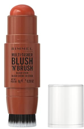Rimmel London Multi-Tasker Blush'N'Brush Stick, colore modulabile, resistente all'acqua, pennello integrato, scorre facilmente, 8g, 300 NEARLY SUEDE