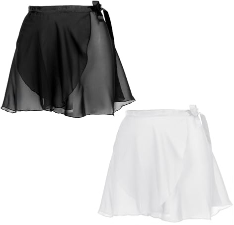 XLIUAX 2Pcs White and Black Ballet Wrap Skirt with Ties, Chiffon Dance Wrap Skirt for Girls Women Gymnastics Ballet