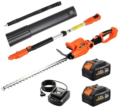 Outsunny - Cortasetos eléctrico, hoja de 51 cm, 2 baterías, 4,0 Ah, mango telescópico de aluminio, cortasetos inalámbrico con cabezal orientable, multiángulo, para ramas arbustos, ramita, naranja