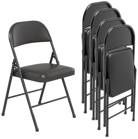 EcoBend Chaise Pliante en Cuir PU Rembourrée, Cadre en Métal Solide, Légère et Compacte, pour Bureau, Maison, Événements (4, Noir)