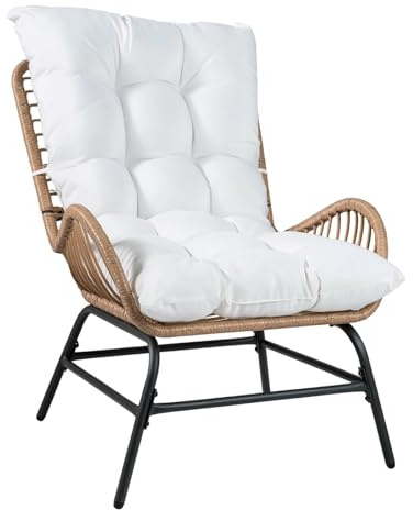 COSTWAY Fauteuil de Jardin en Rotin PE, Charge 180 kg, Blanc | Coussin Amovible, Chaise de Jardin, Cadre en Métal, Dossier Incliné, Fauteuil pour Piscine Porche Balcon, 84 x 68 x 87 cm