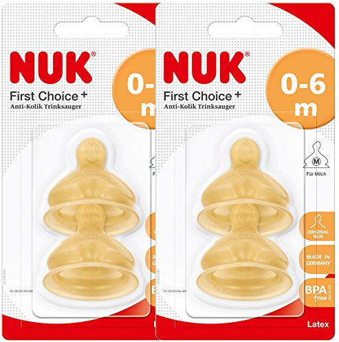 Nuk 10120014 Latex-Trinksauger First Choice+, Größe 1 (0-6 Monate) M, 2er Pack (2 x 2er Blister)