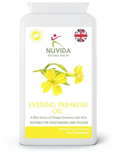 Nuvida Evening Primrose Oil 1000mg Capsules β High Strength GLA Omega 6 with Vitamin E β Vegan Friendly Softgels β 90 Capsules β UK Manufactured Supplement