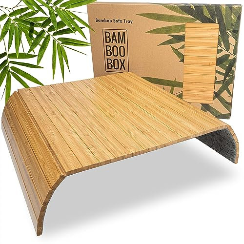 BAM BOO BOX Sofatablett aus Bambus - Couch Tablett flexibel - Sofatablett Armlehne - Sofa Tablett Holz - Sofa Tablett Armlehne - Armlehnen Tablett - Tablett für Sofa und Couch - Naturfarbe
