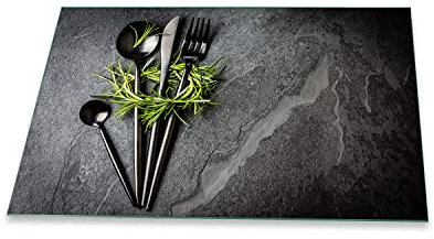 Herdabdeckplatte Abdeckung Ceranfeld Abdeckplatte Schneidebrett 1-Teilig 80x52 Kräuter Besteck Grau Spritzschutz Glasplatte Ceranfeldabdeckung Schutz Herdschutz Sicherheitsglas Glasschneidebrett