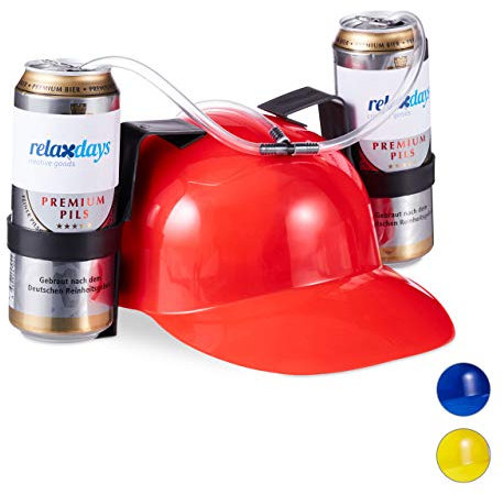 Relaxdays 1 x Party Trinkhelm, Helm mit Schlauch, für 2 Dosen Bier, Spaßartikel Fasching u. Fußball, lustiger Bierhelm, rot