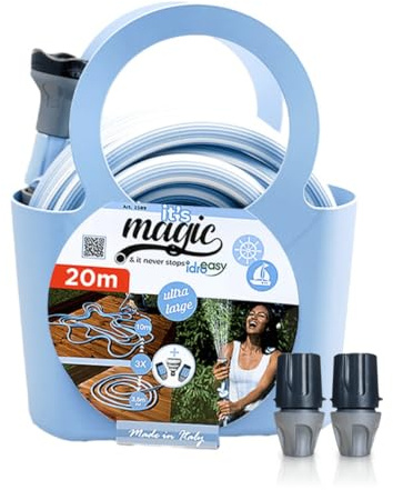 Idroeasy, Tubo Acqua da Giardino Estensibile 20 Metri, Diametro 5/8, Tubo Irrigazione allungabile x3, Anti Nodo e Anti Torsione, Atossico, Design Soft Pastel Blue, Tubo Giardino Made In Italy