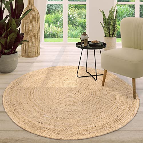 TT Home Tapis en Jute Chambre Adulte Rond Bohème Bohème Fait à La Main Bordure Modern, Couleur:Ivoire 2, Dimension:120 cm Rund