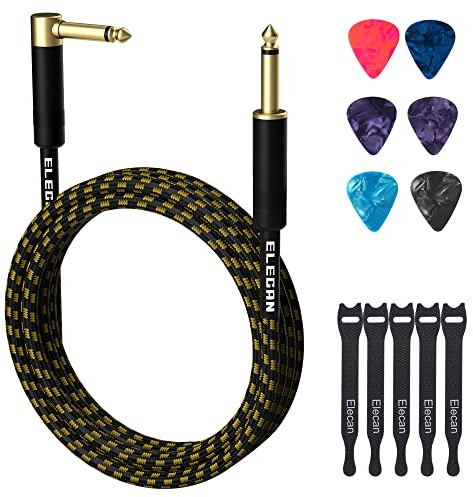 Guitar Cable 20 Feet -Right Angle to Straight Instrument Cable-Gold Plated Nylon Braided-90 Degree 1/4 Inch TS Professional Electric Bass Cord Amp Cable 6.35mm Male with 6 Guitar Picks+5 Ties