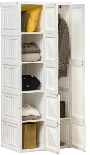 HOMCOM Portable Wardrobe Closet, Folding Clothes Storage Organizer with 6 Cube Compartments, Hanging Rod, 8 Magnet Doors, White
