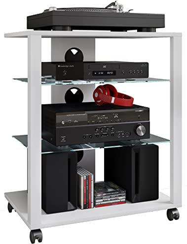 VCM HiFi Holz Möbel | Rack Schrank Phono Regal mit Rollen | 2 Glasböden | Maße: H. 70 x B. 60 x T. 41 cm | Phono Mediaregal - Folas