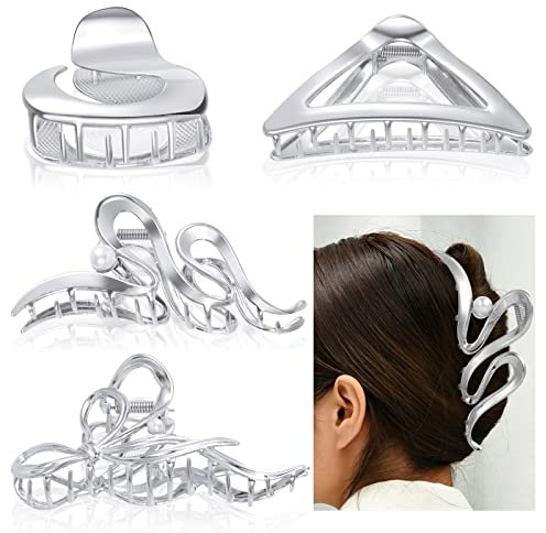4 grosse pince cheveux metal, accessoires cheveux femme argent, bijoux cheveux pour les mariages, les fêtes et les voyages quotidiens, claw clip pour filles xxl