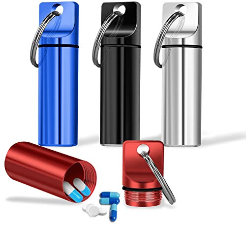 ASTER 4 pezzi portapillole portachiavi portatili, scatola per pillole, impermeabile, in metallo, capsula in alluminio, ermetica per la conservazione in viaggio