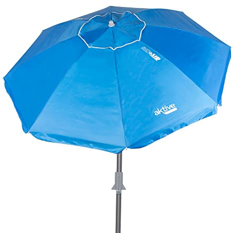 AKTIVE 62273 - Parasol de plage anti-vent pliable bleu Ø200, avec revêtement argenté et protection UV 50, paravent plage, grand parasol de plage, parasols de plage
