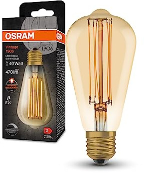 OSRAM VINTAGE 1906 LED -lampa med guldfärg, 5,8W, 470lm, Edison -form med 64 mm diameter & E27 -uttag, varm vit ljusfärg, rak glödtråd, dimbar, upp till 15 000 timmars livslängd