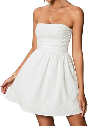 VKIHOC Summer Strapless Mini Dress Sleeveless Smocked Flowy A Line Beach Tube Top Dresses for Women 2026 White M