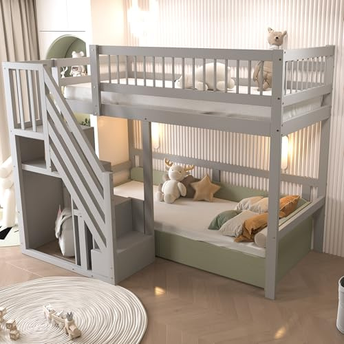 Merax Lit Mezzanine 1 Place 90 x 200 cm, Multifonctionnel Lit Mezzanine Enfant avec Escaliers et Rangement, Cadre en Bois Massif, Gris (sans Matelas)