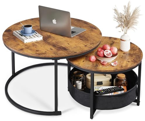 WLIVE Couchtisch 2er Set, 80 Durchmesser Groß Wohnzimmertisch, 60 Durchmesser Beistelltisch Rund mit Stauraum, Metallgestell, Kaffeetisch für Wohnzimmer (Rustikales Braun)