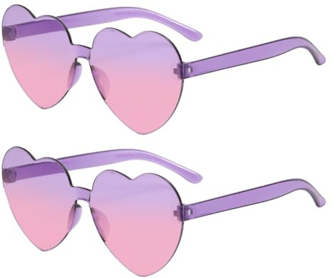 Meleager Lunettes de Soleil Coeur Dégradées, 2 Pièces Lunettes de Soleil à Cœur Sans Monture, Violet Rose Love Heart Lunettes Rétro des Années 70, UV280, Lunettes de Fête Voyages Mariage, Unisex