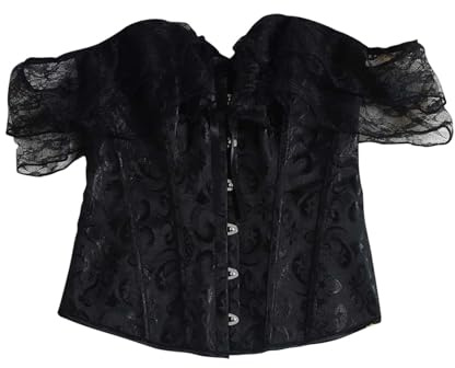 GMQWRK Women Off Shoulder Corset Tops Strappy Back Bustier with Lace Sleeve Hook & Eye Front Waist Cincher Shapewear Vintage Lace-up Overbust Corsets Push Up Bodysuit Bodyshaper 26-29 Inches Black