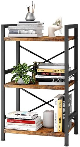 Homeiju Bookshelf, 3 Tier Industrial Bookcase, Metal Small Bookcase, Rustic Etagere Book Shelf Storage Organizer for Living Room, Bedroom, and Home Office(Rustic Brown) Patent Pending D29873033